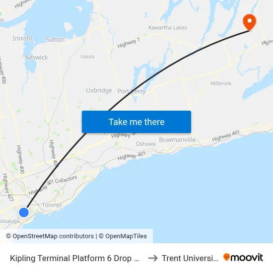 Kipling Terminal Platform 6 Drop Off to Trent University map
