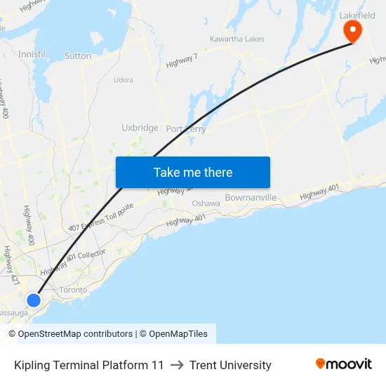 Kipling Terminal Platform 11 to Trent University map