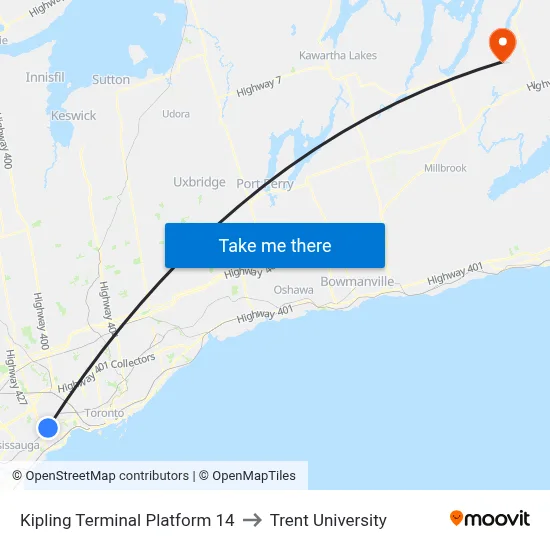 Kipling Terminal Platform 14 to Trent University map