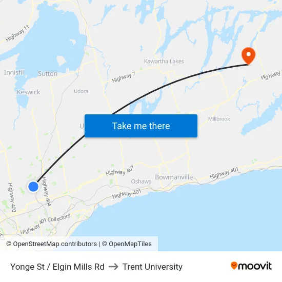 Yonge St / Elgin Mills Rd to Trent University map