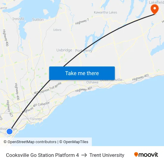 Cooksville Go Station Platform 4 to Trent University map