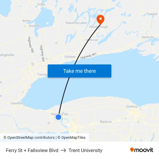 Ferry St + Fallsview Blvd to Trent University map