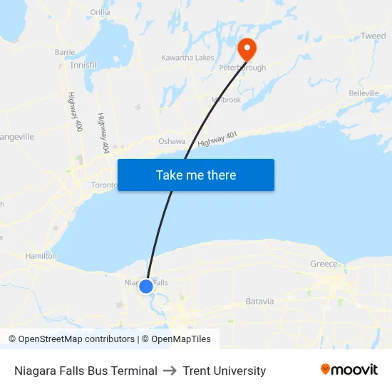 Niagara Falls Bus Terminal to Trent University map