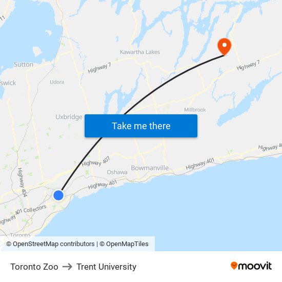 Toronto Zoo to Trent University map