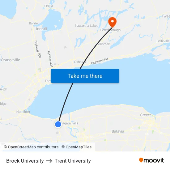 Brock University to Trent University map