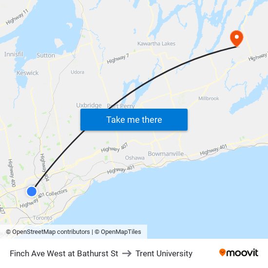 Finch Ave West at Bathurst St to Trent University map