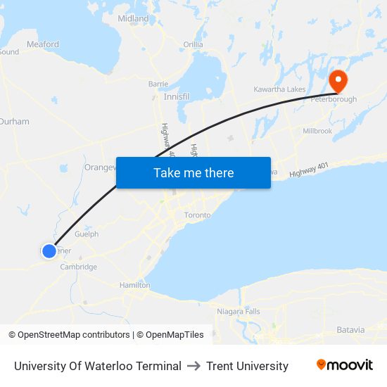 University Of Waterloo Terminal to Trent University map