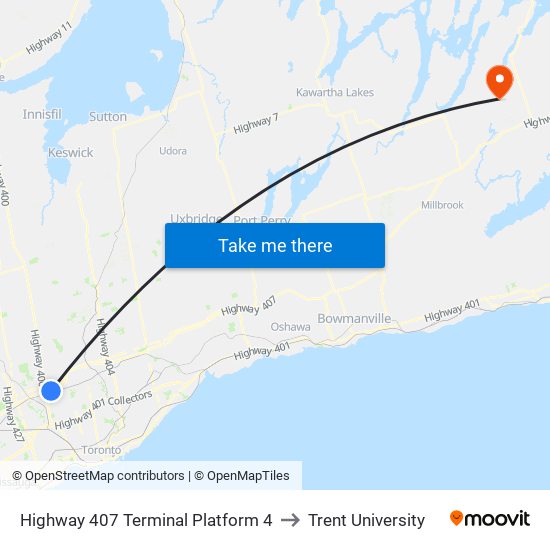 Highway 407 Terminal Platform 4 to Trent University map