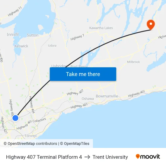 Highway 407 Terminal Platform 4 to Trent University map
