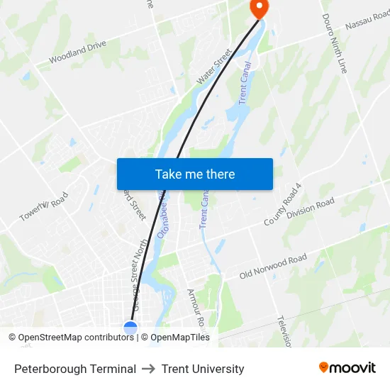 Peterborough Terminal to Trent University map