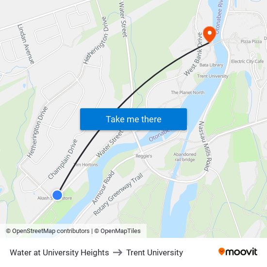 Water at University Heights to Trent University map