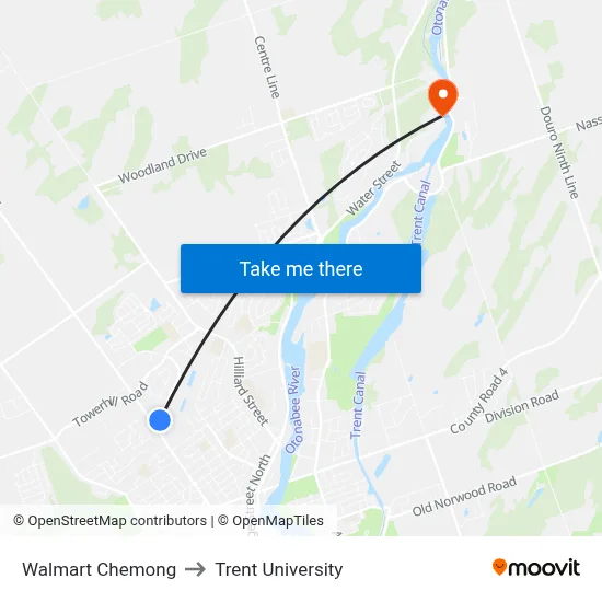 Walmart Chemong to Trent University map