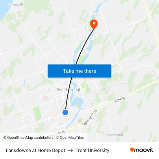 Lansdowne at Home Depot to Trent University map