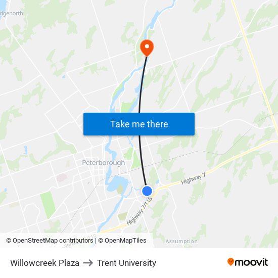 Willowcreek Plaza to Trent University map