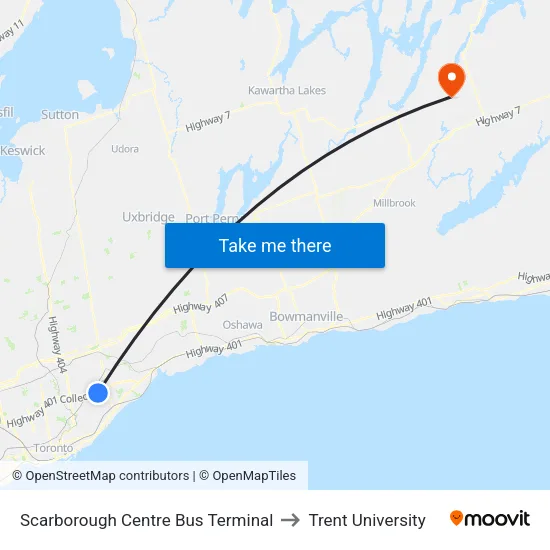 Scarborough Centre Bus Terminal to Trent University map
