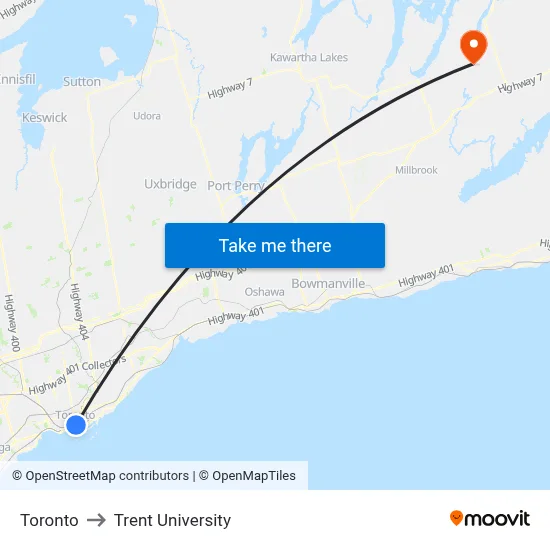 Toronto to Trent University map