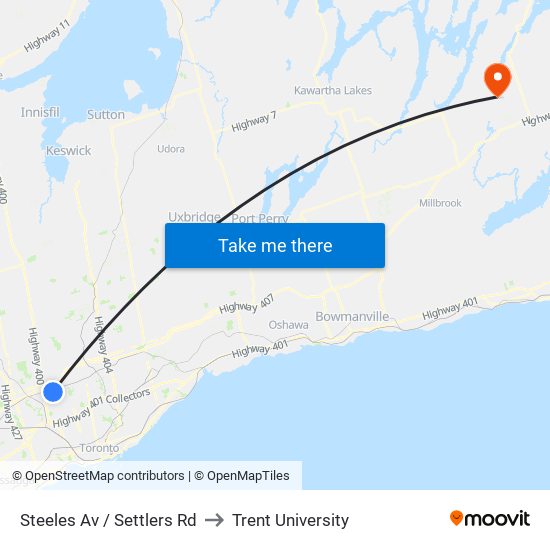 Steeles Av / Settlers Rd to Trent University map