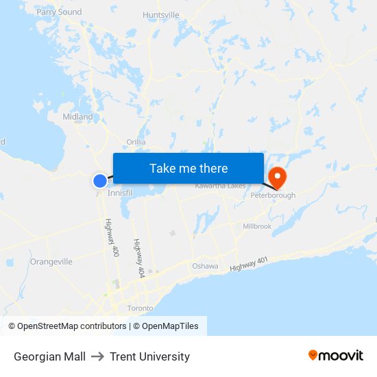 Georgian Mall to Trent University map