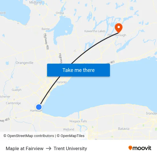 Maple at Fairview to Trent University map