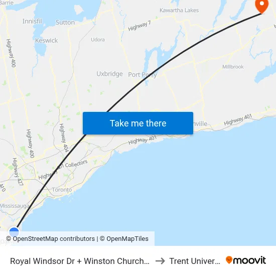 Royal Windsor Dr + Winston Churchill Blvd to Trent University map