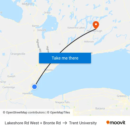 Lakeshore Rd West + Bronte Rd to Trent University map