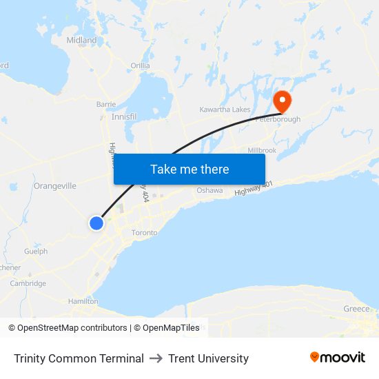 Trinity Common Terminal to Trent University map