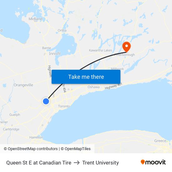 Queen St E at Canadian Tire to Trent University map