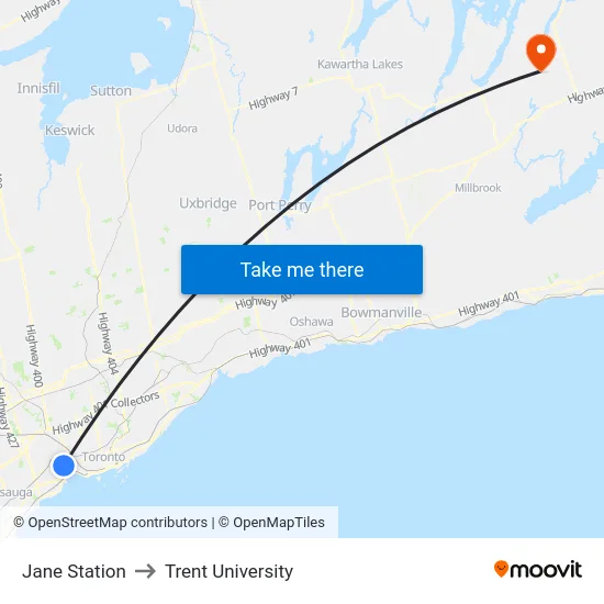 Jane Station to Trent University map