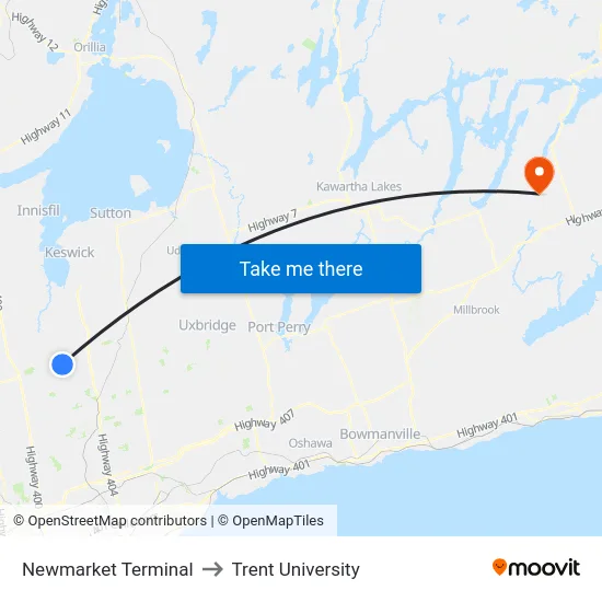 Newmarket Terminal to Trent University map