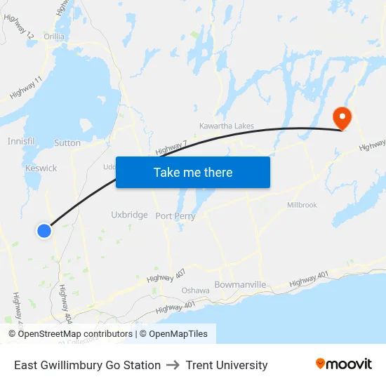 East Gwillimbury Go Station to Trent University map