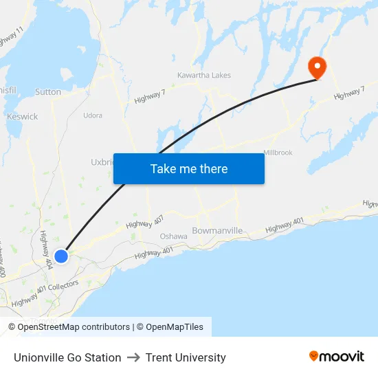 Unionville Go Station to Trent University map