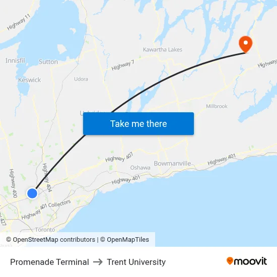 Promenade Terminal to Trent University map