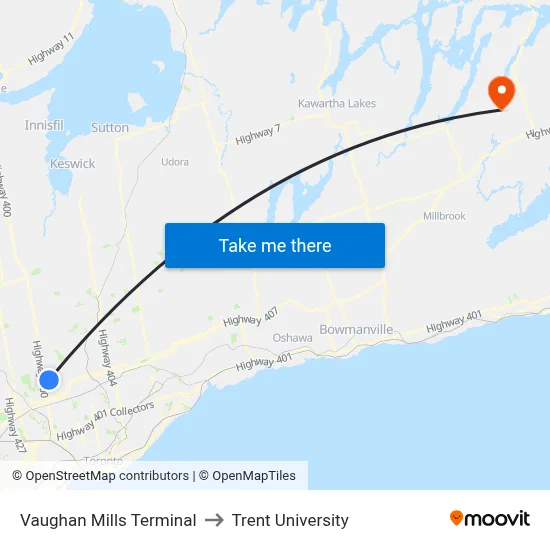 Vaughan Mills Terminal to Trent University map
