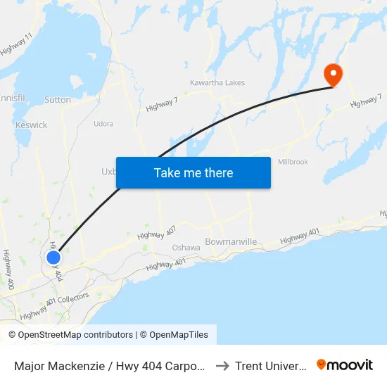 Major Mackenzie / Hwy 404 Carpool Lot to Trent University map