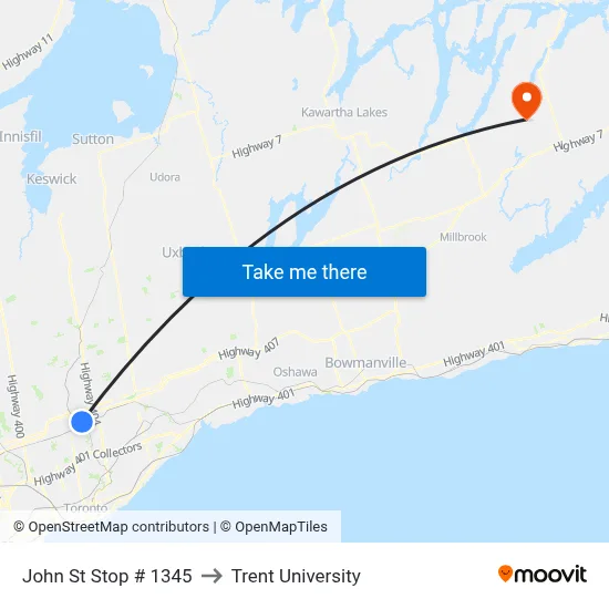 John St Stop # 1345 to Trent University map