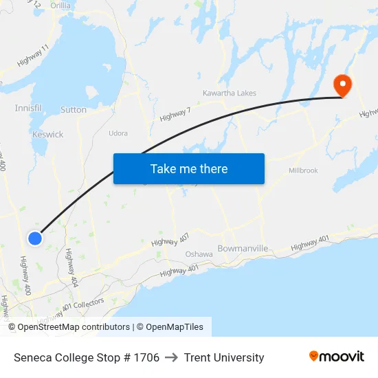 Seneca College Stop # 1706 to Trent University map
