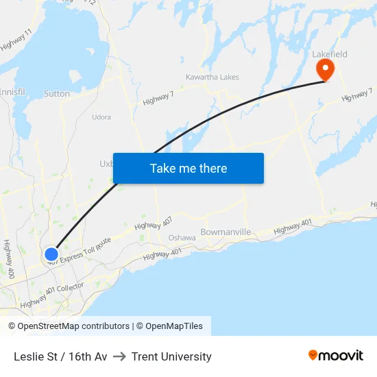 Leslie St / 16th Av to Trent University map