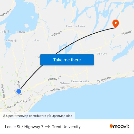 Leslie St / Highway 7 to Trent University map