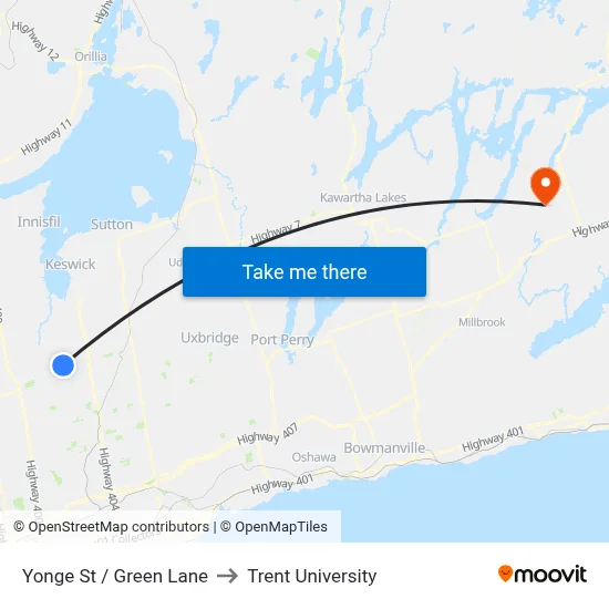 Yonge St / Green Lane to Trent University map
