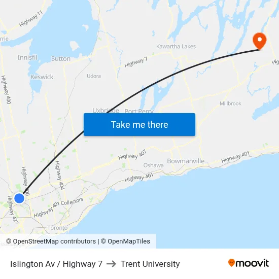 Islington Av / Highway 7 to Trent University map