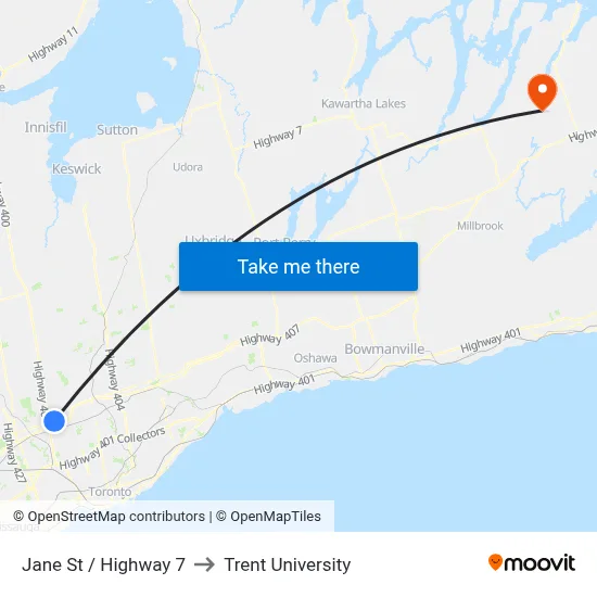 Jane St / Highway 7 to Trent University map