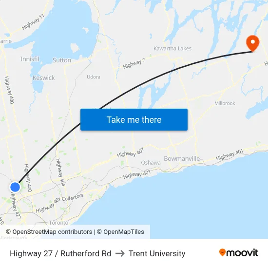 Highway 27 / Rutherford Rd to Trent University map