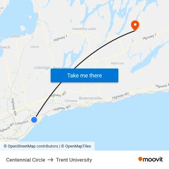 Centennial Circle to Trent University map