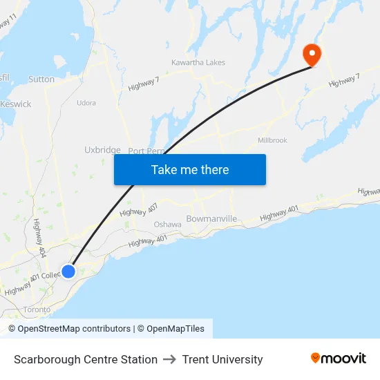 Scarborough Centre Station to Trent University map