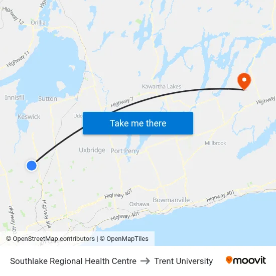 Southlake Regional Health Centre to Trent University map