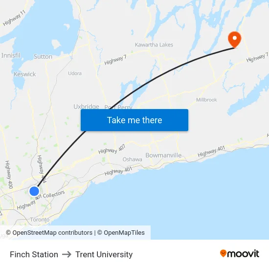 Finch Station to Trent University map
