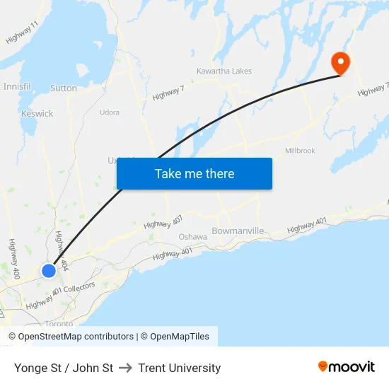 Yonge St / John St to Trent University map