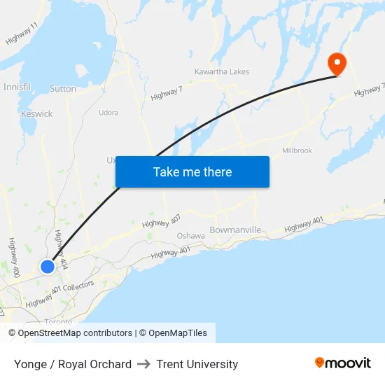Yonge / Royal Orchard to Trent University map