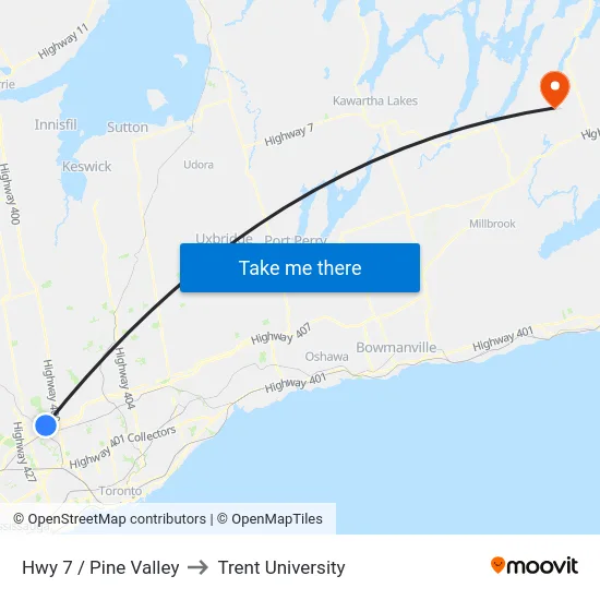 Hwy 7 / Pine Valley to Trent University map