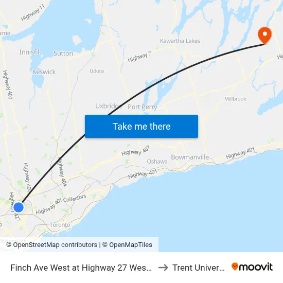 Finch Ave West at Highway 27 West Side to Trent University map